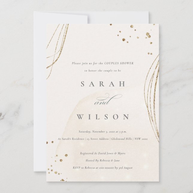 Abstract Ivory Gold Glitter Couples Shower Invite (Front)