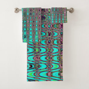 Abstract Kaleidoscopic Aqua Retro Boomerang Waves Bath Towel Set