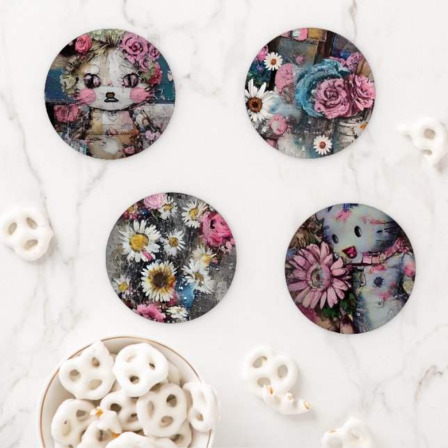 Abstract Kawaii Cat Rustic Pink Floral Coaster Set (In Situ)