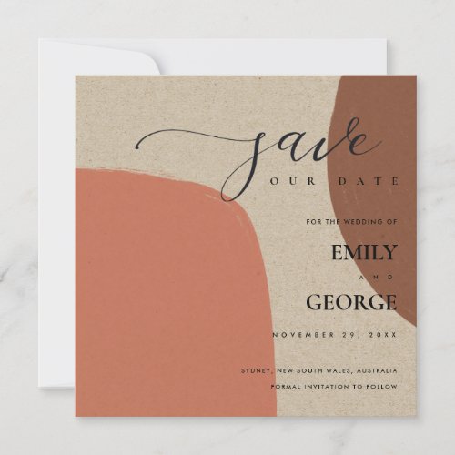 ABSTRACT KRAFT TERRACOTTA RED SAVE THE DATE CARD