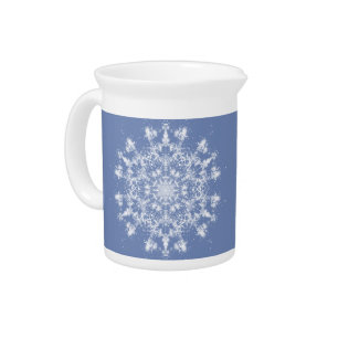 Abstract Lacy Fractal Snowflake on Blue Background Beverage Pitcher