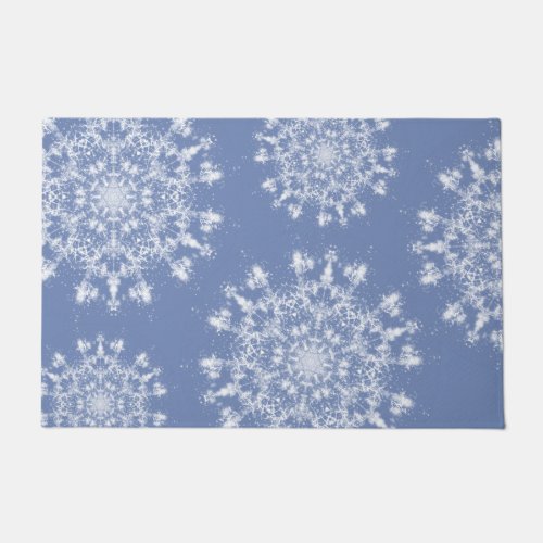 Abstract Lacy Fractal Snowflake on Blue Background Doormat