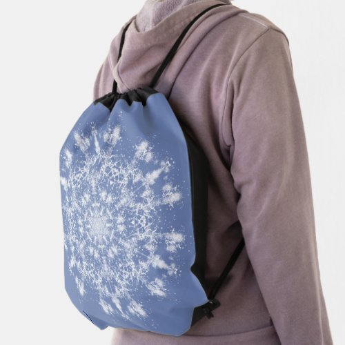 Abstract Lacy Fractal Snowflake on Blue Background Drawstring Bag