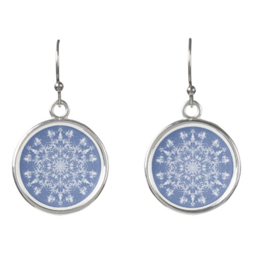 Abstract Lacy Fractal Snowflake on Blue Background Earrings