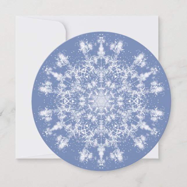 Abstract Lacy Fractal Snowflake on Blue Background Holiday Card (Front)