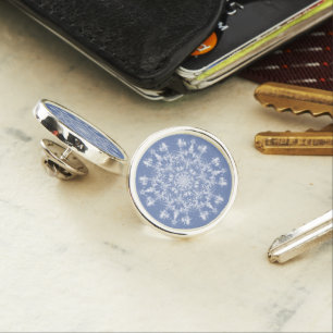Abstract Lacy Fractal Snowflake on Blue Background Lapel Pin