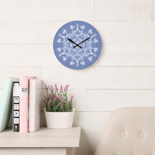 Abstract Lacy Fractal Snowflake on Blue Background Large Clock (Reading Room)