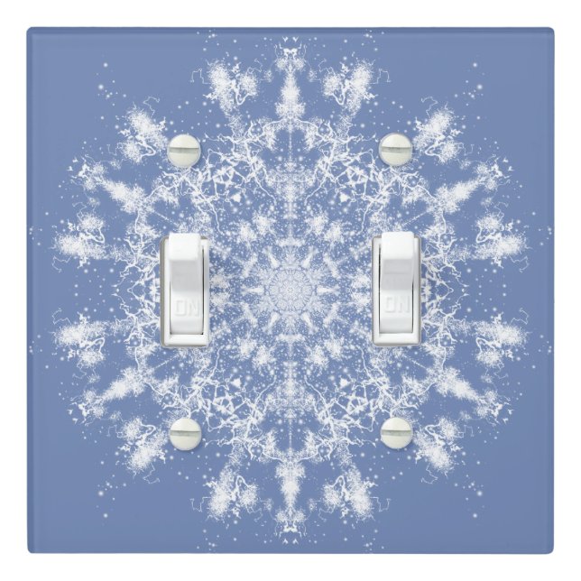 Abstract Lacy Fractal Snowflake on Blue Background Light Switch Cover (In Situ)
