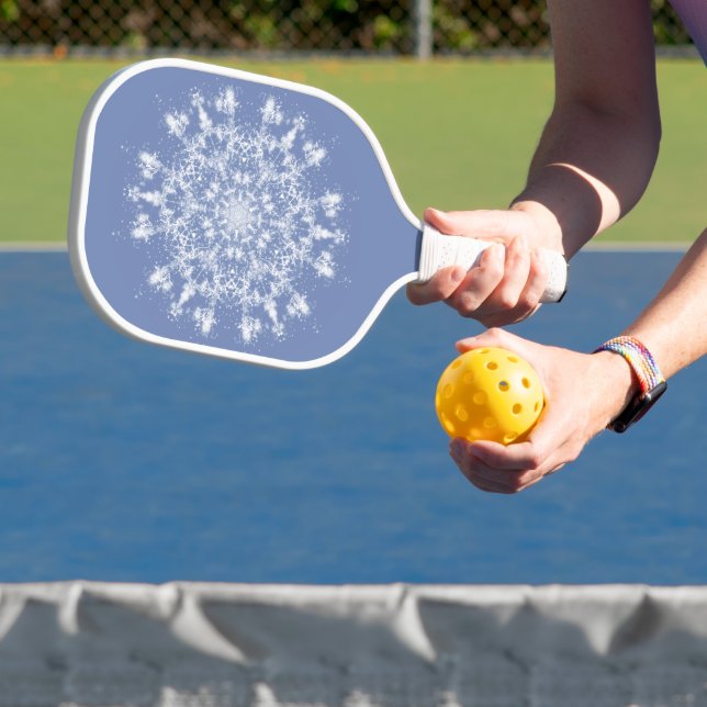 Abstract Lacy Fractal Snowflake on Blue Background Pickleball Paddle (Insitu)