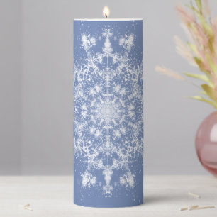 Abstract Lacy Fractal Snowflake on Blue Background Pillar Candle