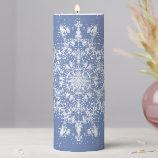 Abstract Lacy Fractal Snowflake on Blue Background Pillar Candle (In Situ)