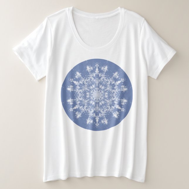 Abstract Lacy Fractal Snowflake on Blue Background Plus Size T-Shirt (Design Front)