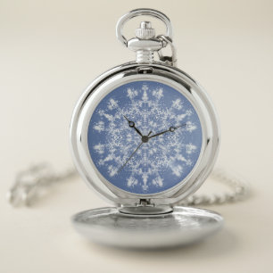Abstract Lacy Fractal Snowflake on Blue Background Pocket Watch