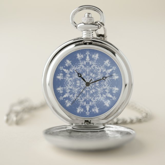 Abstract Lacy Fractal Snowflake on Blue Background Pocket Watch (Inside)