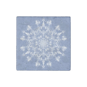 Abstract Lacy Fractal Snowflake on Blue Background Stone Magnet