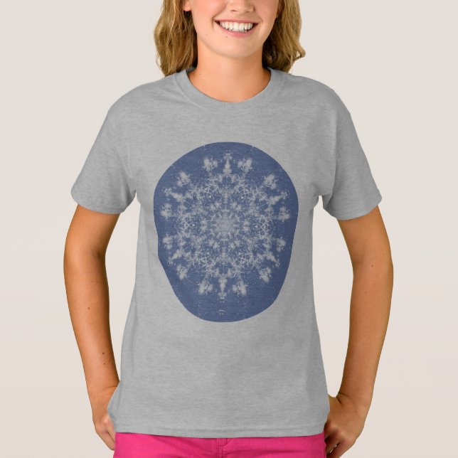 Abstract Lacy Fractal Snowflake on Blue Background T-Shirt (Front)