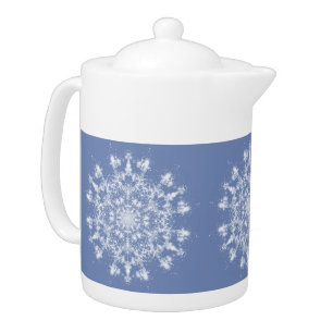 Abstract Lacy Fractal Snowflake on Blue Background Teapot