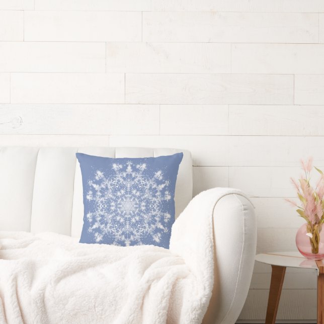 Abstract Lacy Fractal Snowflake on Blue Background Throw Pillow (Couch)