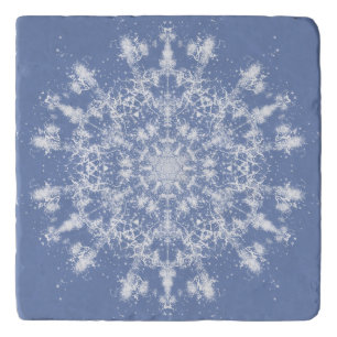 Abstract Lacy Fractal Snowflake on Blue Background Trivet