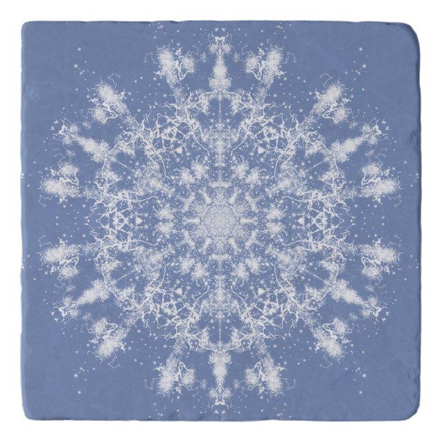 Abstract Lacy Fractal Snowflake on Blue Background Trivet (Front)