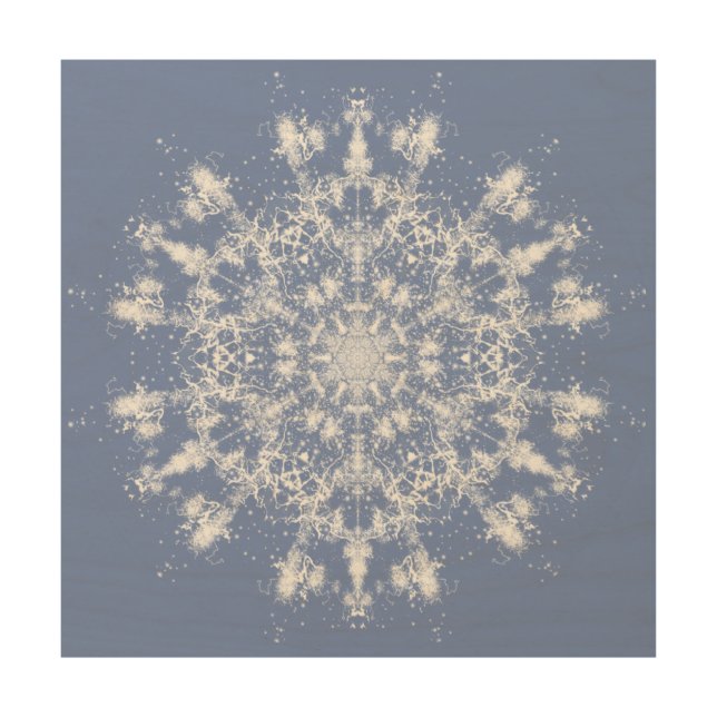 Abstract Lacy Fractal Snowflake on Blue Background Wood Wall Art (Front)
