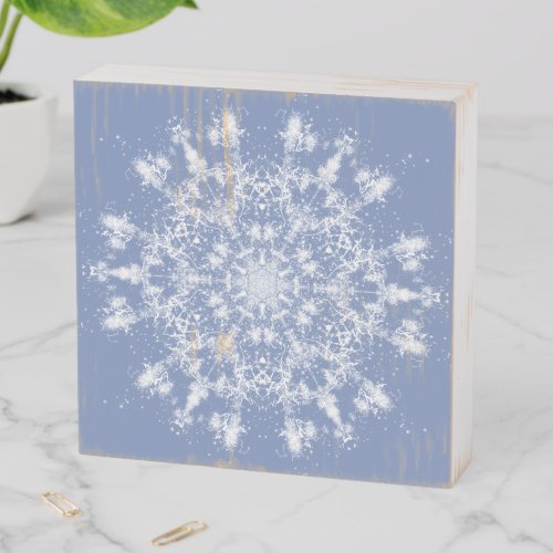 Abstract Lacy Fractal Snowflake on Blue Background Wooden Box Sign