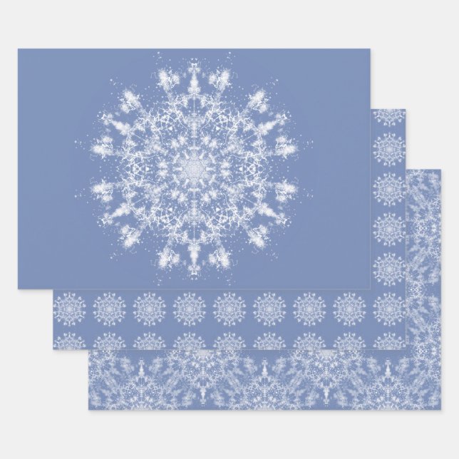 Abstract Lacy Fractal Snowflake on Blue Background Wrapping Paper Sheets (Set)