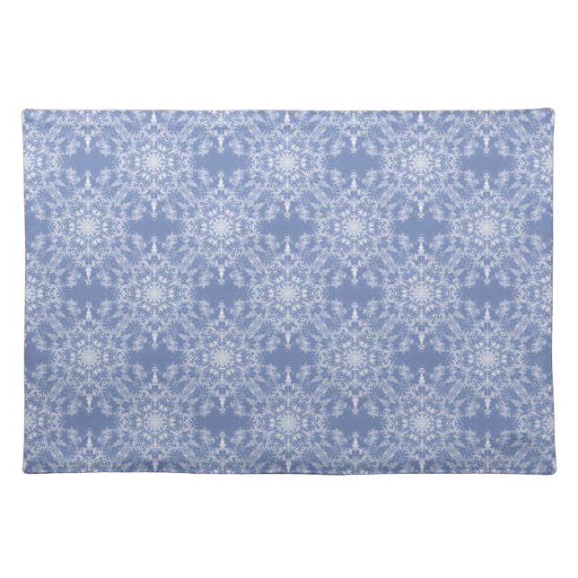 Abstract Lacy Fractal Snowflake Pattern on Blue Cloth Placemat (Front)