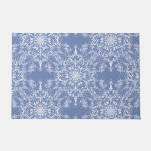 Abstract Lacy Fractal Snowflake Pattern on Blue Doormat