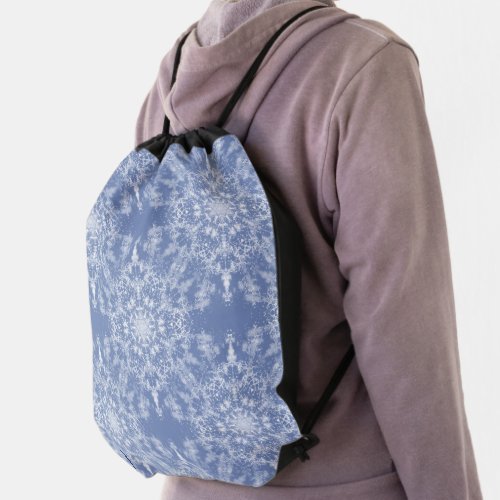 Abstract Lacy Fractal Snowflake Pattern on Blue Drawstring Bag