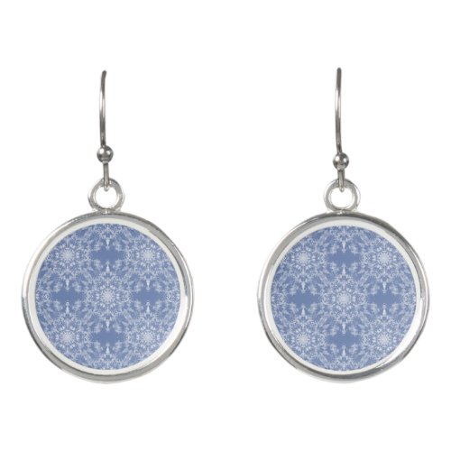 Abstract Lacy Fractal Snowflake Pattern on Blue Earrings
