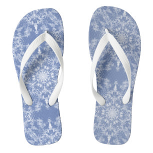 Abstract Lacy Fractal Snowflake Pattern on Blue Flip Flops