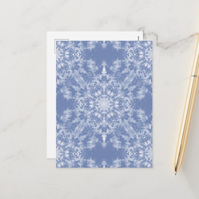 Abstract Lacy Fractal Snowflake Pattern on Blue Holiday Postcard (Front/Back In Situ)
