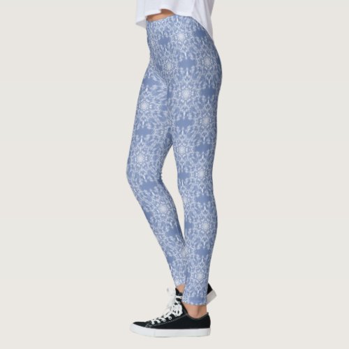 Abstract Lacy Fractal Snowflake Pattern on Blue Leggings