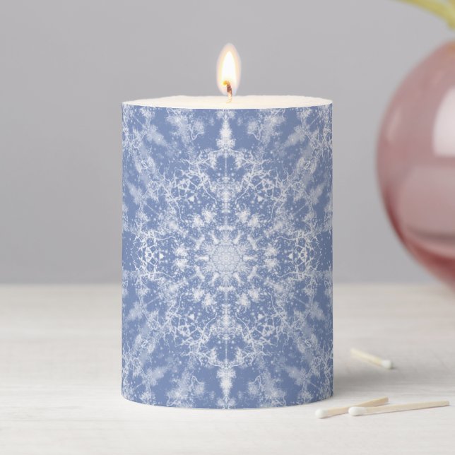 Abstract Lacy Fractal Snowflake Pattern on Blue Pillar Candle (In Situ)
