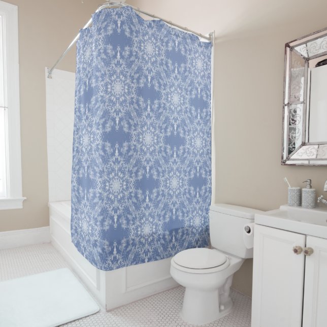 Abstract Lacy Fractal Snowflake Pattern on Blue Shower Curtain (In Situ)