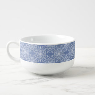 Abstract Lacy Fractal Snowflake Pattern on Blue Soup Mug
