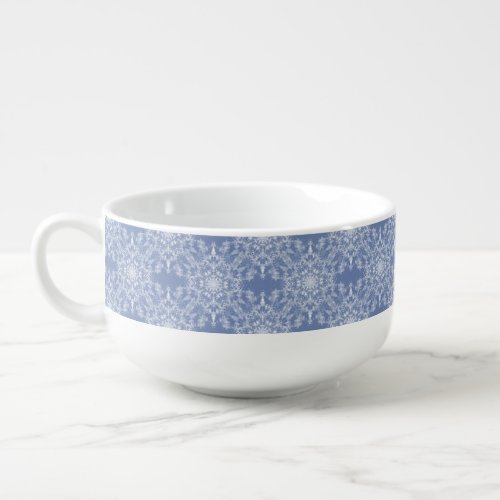 Abstract Lacy Fractal Snowflake Pattern on Blue Soup Mug