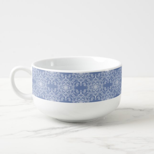 Abstract Lacy Fractal Snowflake Pattern on Blue Soup Mug (Right)