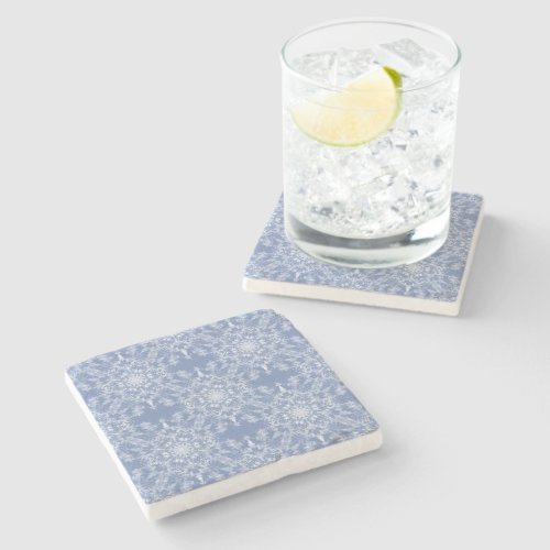 Abstract Lacy Fractal Snowflake Pattern on Blue Stone Coaster