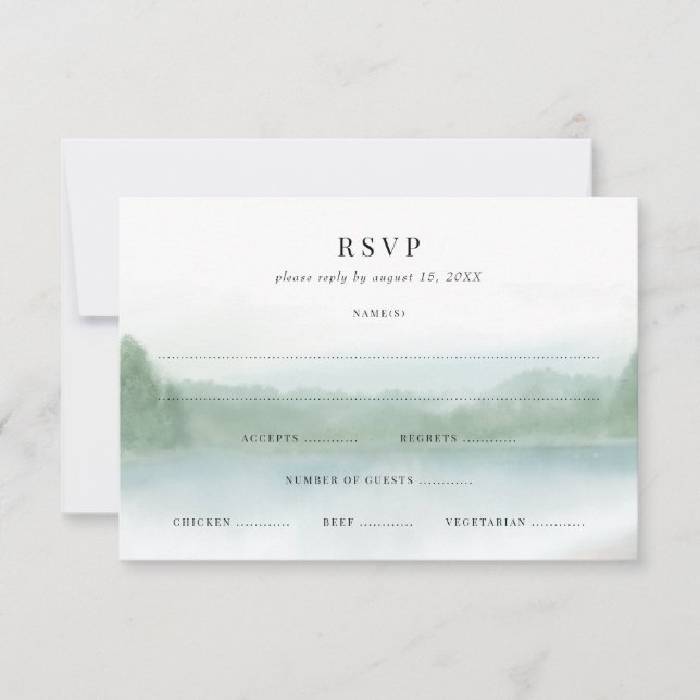 Abstract Lake and Trees Soft Watercolor Wedding RSVP Card (Front)