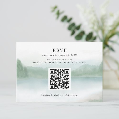Abstract Lake Trees Watercolor Wedding QR Code RSVP Card