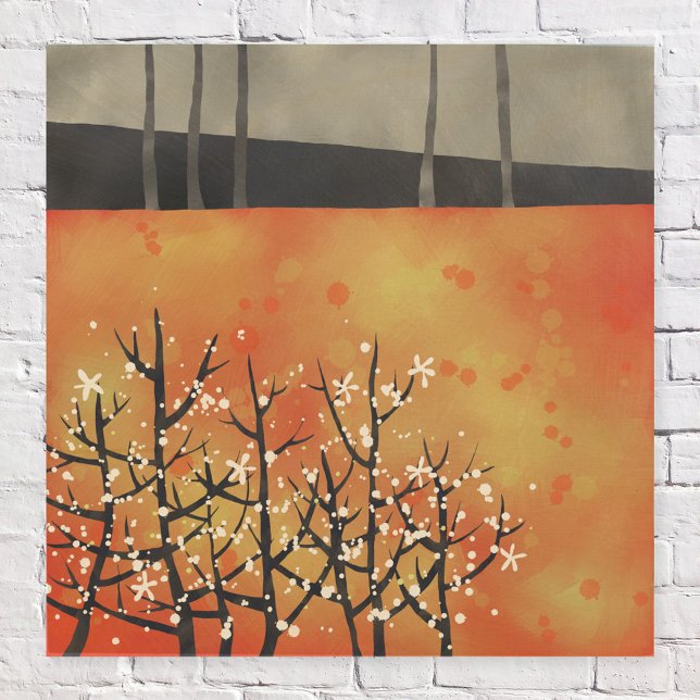 Abstract Landscape Art Orange Wood Wall Art (Blackthorn abstract landscape painting wooden wall art print in burnt orange)