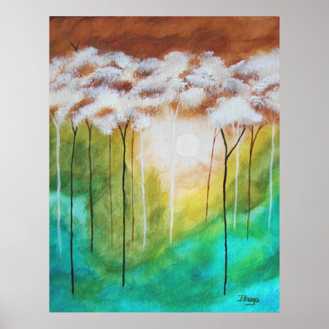 Abstract Landscape Art, Skinny Trees, Teal, Gold Poster (Front)
