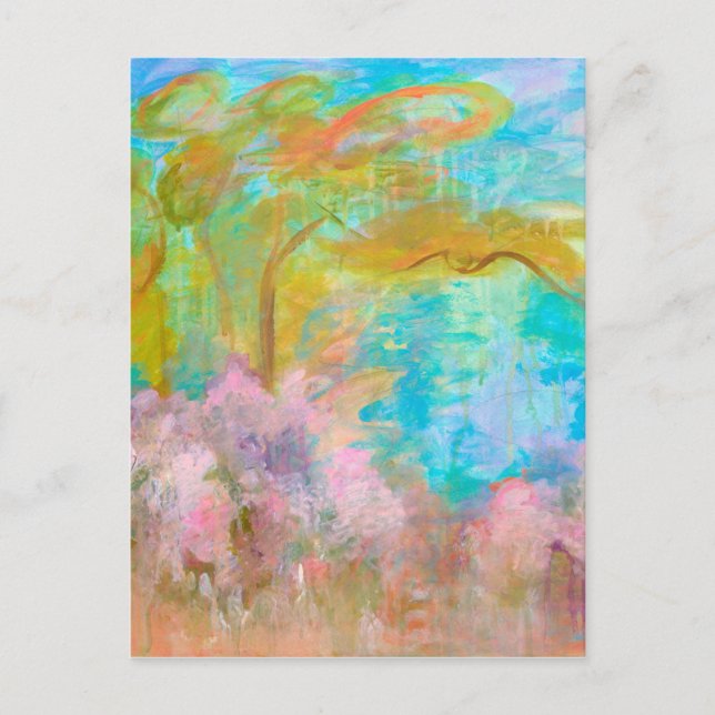 Abstract Landscape Art Tree Pink Aqua Flowers Postcard (Front)