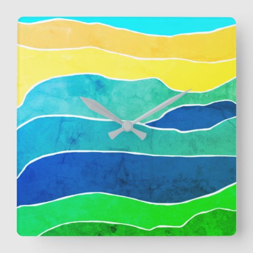 Abstract Landscape Blue Green Yellow Square Wall Clock