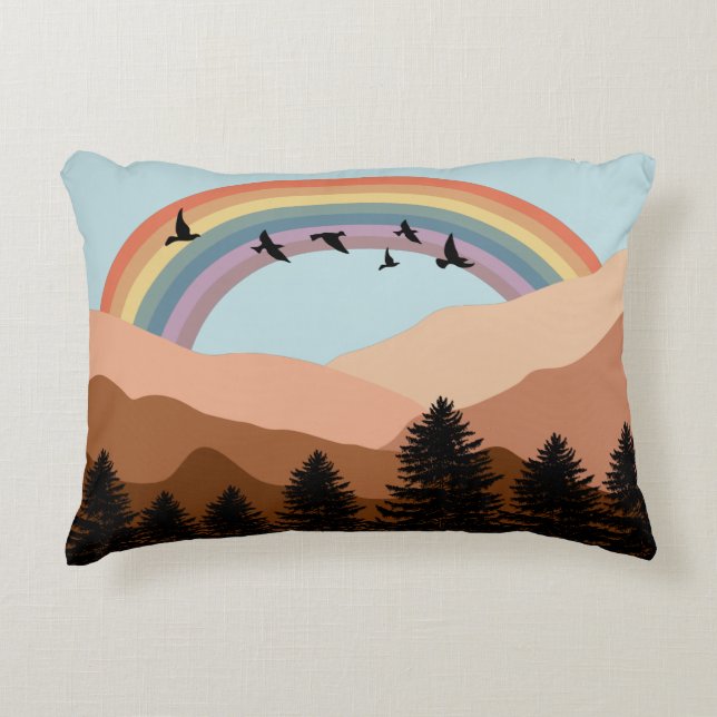 Abstract Landscape Forest Trees Rainbow & Birds  Accent Pillow (Front)
