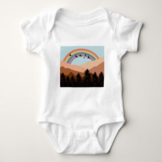 Abstract Landscape Forest Trees Rainbow & Birds  Baby Bodysuit (Front)