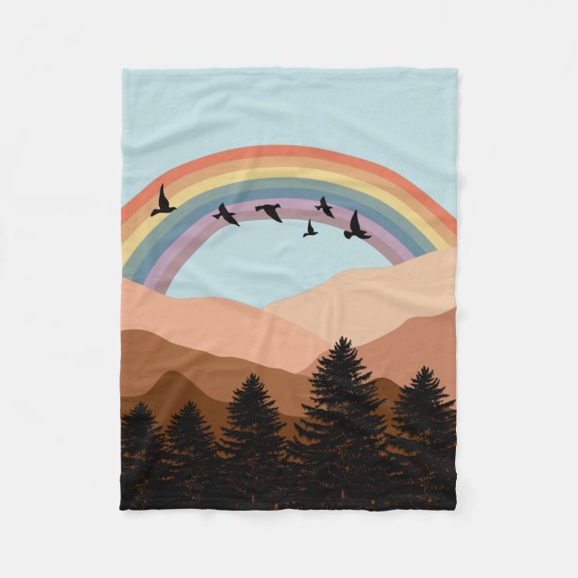 Abstract Landscape Forest Trees Rainbow & Birds  Fleece Blanket (Front)