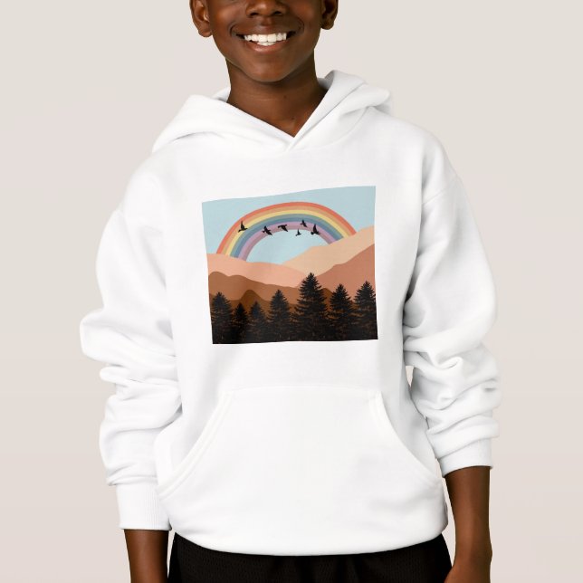 Abstract Landscape Forest Trees Rainbow & Birds Hoodie (Front)